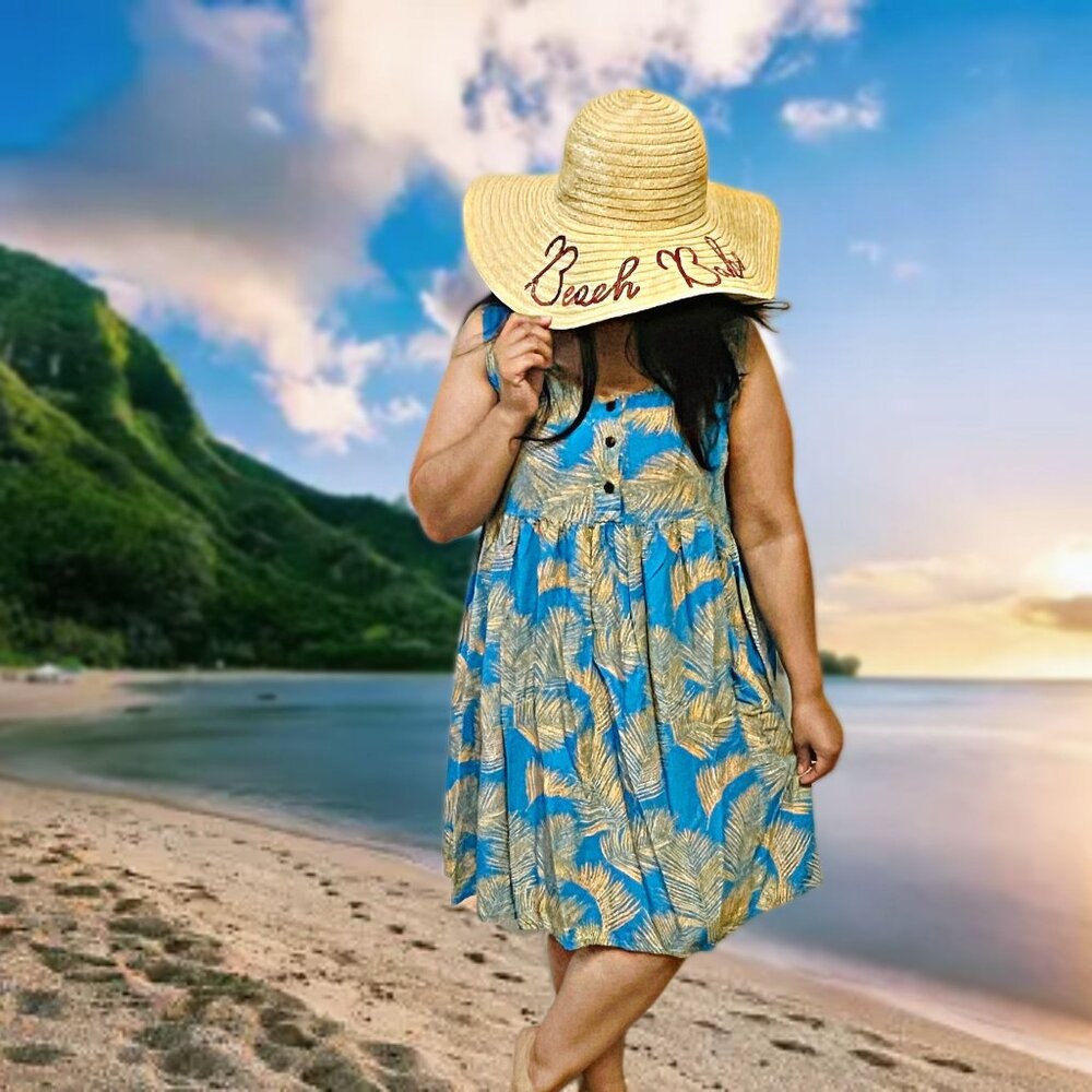 Vintage Hawaii Makai Beach Sleeveless Midi Dress Palm Printed Tunic Cover-Up XL